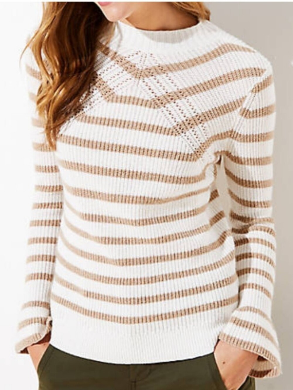 NWT Ann Taylor Loft Wool Blend Off White Tan Stripe Knit Sweater Flare Cuff M
